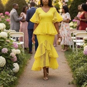 #A292  FT INC BOLD GLAMOUR FEMININE CHIC YELLOW MESH  2PC SKIRT SET NWT M